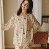 Pijamas femininos 2024 fibra de bambu gaze loungewear impressão dos desenhos animados solto manga longa conjunto de pijama em torno do pescoço macio e confortável