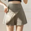 Shorts Khaki Summer Women's Wide Leg Shorts kjolar med knapp 2024 Hög midja Löst kontor Ol Ladies Short kjol Kvinna