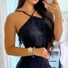 Elegant Jumpsuit Women Summer Halter Sleeveless Crochet Lace High Slit See Through Holiday Long Sexy Long Suits240305
