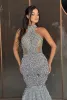 Luxury Silver Beads Sequins Mermaid Prom Dresses Illusion Bodice Halter Neck Sleeveless Long Women Occasion Evening Gowns Formal