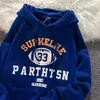 Kadın Hoodies Alanos Kadın Kış Sweatshirt Mektubu Baskı Kapşonlu Kazak Kore Moda Gevşek Mavi Polar Külot Kadın Giyim