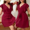 Robes Élégantes Grande Taille Femmes Robe Courte Sexy Col en V Manches À Volants Bouton Avant Décontracté Mini Robe pour La Plage Vacances D'été