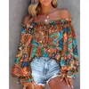 Damesblouses Sexy Dames Tribal Print Off-shoulder Lange lantaarnmouwen Gebonden Detail Decor Vrouwelijke top Casual losse tops Strandkleding