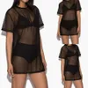 Women Mesh Bikini Cover Up Short Sleeve Transparent O-neck Swimsuit Cove-ups Summer Female Sexy Beach Dress Sarongs291H