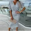 Dress Women Elegant Graphic Print Slim Party Dress Office Sexy Deep Vneck Wrap Midi Dress Casual Puff Short Sleeve Bohemian Hip Dress