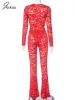 Suits Jokaa Red Lace Two Piece Set Women Sexig Se genom långärmad bodysuit och blossade byxor som matchar 2023 Midnight Club Outfits