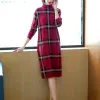 Kleid Rot Plaid Stehkragen Kleid frauen Herbst und Winter frauen MidLength über die Knie Frau Kleid Vestido de Mujer Femme Robe