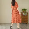 Dress Summer PrInt Turndown Collar Short Sleeve Drawstring Vintage Dresses Women Casual Dress Robe Ladies Elegant Clothing