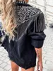 Jaquetas femininas jaquetas jean moda manga borla rebite denim mulheres outono primavera preto legal outwear 240305