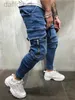 Męskie dżinsy męskie hip -hopowe spodnie dresowe chude motocyklowe spodnie dżinsowe designer zamek błyskawiczny