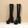 Stiefel, einfacher Stil, super wasserdicht, Plattform, Leopardenmuster, Flock, Damen, Knie, klobiger Absatz, Slip-On, eng anliegend