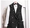 여성을위한 빈티지 트위드 조끼 검은 vneck 더블 가슴 소매 소매 재킷 가을 겨울 한국 사무실 여성 양복 조끼 L60 240226