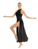 Scene Wear Women Adult Sleeveless Halter Sequined Mesh Maxi Ballet Dance Dress Performance med inbyggd trikå