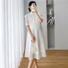 ドレス妊婦中国スタイルの服スイートピーターパンカラー半袖マタニティシフォンドレス白い妊娠ウェディングドレス