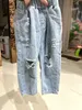 90 * 140cm Moda Autunno Estate Bambini Pantaloni con foro Bambini Ragazzo Bello Strappato Patch Jeans Pantaloni per ragazze Indossati per allentati 240227