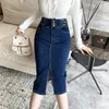 Saias moda coreana sexy emenda dobra mulher mulheres médio-longo jean saia casual feminino meninas denim gota b