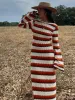 Dress Vintage Striped Backless Women Knitted Dresses Fashion O Neck Flare Long Sleeve Maxi Dress 2023 Female High Street Casual Robes