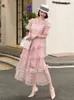 Party Dresses 2024 Summer Women's Dress High Waist Princess Sleeve Square Neck Fashion Temperament Ruffled Comfortable Lace Pink B105