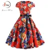 Robe Femmes Vintage Robe D'été Imprimé Floral Manches Courtes Robes Années 50 60 Bureau Fête Rockabilly Swing Rétro Pinup Grande Taille