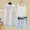 Sets Large Women's Summer Set Women's 2024New Sunscreen Shirt Tank Top Slim and Versatile Denim Shorts Three Piece Set