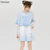 T-Shirts Summer Japanese Women Cute Lolita Blue TShirts Kawaii Cartoon Graphic 100% Cotton Short Sleeve Crop Tops Girls Sweet Tee Tshirt