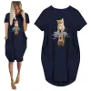 Dress Cat&tiger Print Aesthetic Graphic Women Summer Dress With Pocket Ladies O Neck Tops Female Streetwear T Shirt Dress