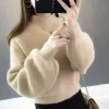 Pullovers Autumn Winter Thick Turtleneck Faux Mink Cashmere Sweater Women Puff Sleeve Loose Short High Waist Pullover Female Knitted Tops