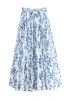 Dresses Qooth Spring Summer Women Highwaisted Blue Floral Printed Skirts Cotton Linen Casual Midi Skirt Qt1716