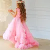 Mädchenkleider Rosa Blume 3DBlumen High Low V-Ausschnitt Rüschen Tüll rückenfrei für Hochzeit Festzug Kleider Kinder Geburtstagskleid