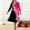 Robe Winter Femmes Long Manche Robe Patchwork Fleur Imprimé féminin Imitation de mode Coton Pillures surdimensionnées Elegant Womens Robes