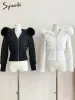 Coats Syiwidii ​​모피 칼라 90 Duck Down Jacket Women 2023 가을 겨울 지퍼 아래로 후드 캐주얼 솔리드 세련된 퍼프 재킷과 슬림 한 코트