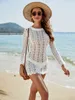 Women's Swimwear Sexy Bikini Cover-ups Beach White Hollow Knitted Summer Long Sleeves Women Swim Suit Cover Up