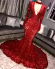 Sparkly Blue Red paljetter Mermaid Prom Dresses Sexig Deep V Neck Vintage Long Sleeves Women Evening Formal Party Gowns