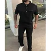 Fatos masculinos primavera e outono masculino sportswear sólido casual solto e confortável conjunto masculino camisa polo de manga curta e calças conjunto masculino de duas peças j240305