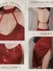 ドレスセクシードレスワインレッドゴールドチェーン装飾スパンコール明るいミニドレスエレガントセクシーなユニフォームセクシーなバックレススイート韓国パーティーb8gi