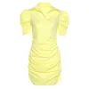 Dress Vintage Short Puff Sleeve Bodycon Dress Women 2023 New Turn Down Collar Yellow Sexy Mini Draped Button Casual Party Dresses y2k