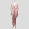 Dress Modest Lady Elegant Metallic Puff Sleeve V Neck Pleated Sequin Plus Size Bodycon Long Indian Dress Fringe Women'S Evening Dress