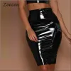 Kjol kvinnors faux latex blyerts kjolar, ovanför knä, kort bodycon, patentläder, bakre zip, kontorsdam, sexig, anpassad, sommar