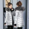 Parkas 2022 Women's Winter Jacket Fashion Golden Silver Bright Hooded Coat Warm Cotton Padded Long Parkas large fur colla Parka