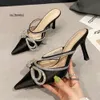 Nuovi strass glitterati décolleté da donna décolleté con fiocco in cristallo verde satinato estivo da donna spogliarellista con tacchi alti scarpe da ballo per feste