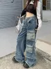 Women's Jeans Japanese Streetwear Fashion Blue Cargo Wide Pants Hiphop Straight Casual Trousers Multiple Pockets Baggy Grunge Clubwear