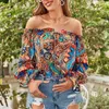 Damesblouses Off-shoulder Damesoverhemd Top met lange mouwen Kleurrijke printblouse Zacht Ademend Stijlvol Voor schoolfeest