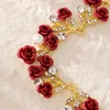 Mode brudörhängen sätter upp rött rosblomma halsband bröllop hår tillbehör halsband set senaste trend