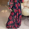 カジュアルドレス2024春秋の女性服シフォンフローラルプリントVネック長袖ファッション大規模スイングドレス