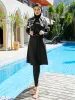 Costumi da bagno Donna Costume da bagno musulmano Costumi da bagno Burkini Mujer Musulmano Muslem Maillot De Bain Femme Tutto nero Manica lunga con Sciarpa Cappuccio per capelli