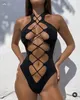 Hollow Out Swimwear Women High Neck Solid Black Cut Backless Monokini Bandage Bathing Suit Holiday Swimsuit 240219