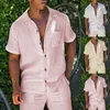 Męskie dresy męskie 2-częściowy lniany zestaw liniwy z krótkim rękawem z kieszeniami i szortami letnie spodnie plażowe wszystkie męskie zestaw slim j240305