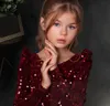 Robe de bal en dentelle à paillettes, manches longues, bijou bordeaux, robes courtes à fleurs pour filles, vêtements de cérémonie personnalisés pour enfants