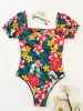 Anzüge sexy Square Collor Ein Stück Badeanzug 2022 Frauen Blumendruck bakcless gekräuseltes Badebekleidung Retro Kurzarm Badeanzug Monokini