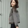 Women's Leather Spring Autumn Lapel Short PU Jacket Grid Spliced Coat Trendy Single Breasted Outwear Motorcycle Suit